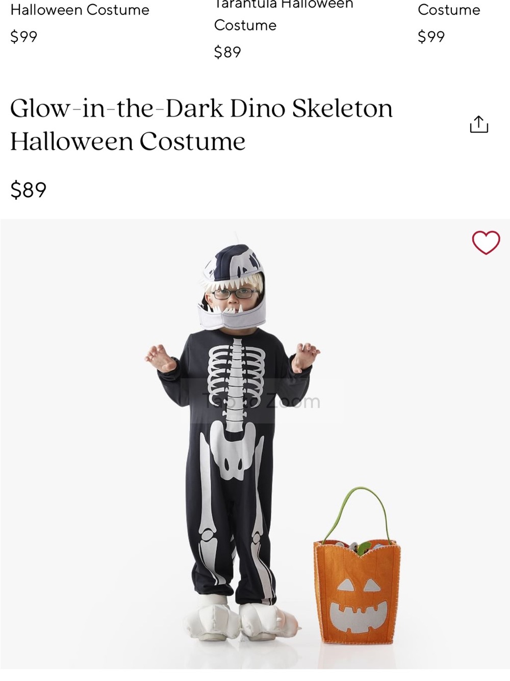 Glow-in-the-Dark pottery barn kids Dino Skeleton Kids Costume — Black & White - Picture 2 of 5